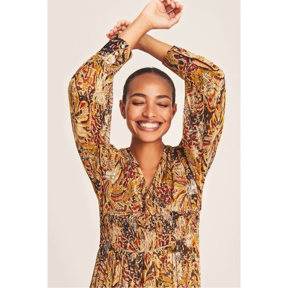 Ba&sh Quartz Dress - Metallic Gold Brown Floral V-Neck Long Sleeve Maxi Dress - Picture 3 of 14